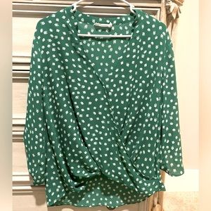 Nordstrom Kelly Green Floral Surplice Draped Blouse - Large